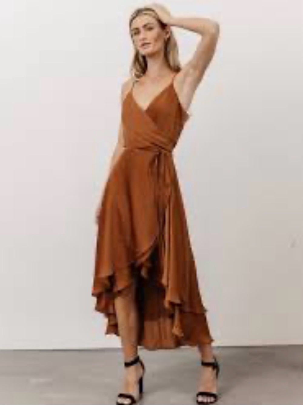 BCBGMaxAzria Sz XS 100 Silk Copper Rust Wrap Hi Lo Dress With Jeweled Straps